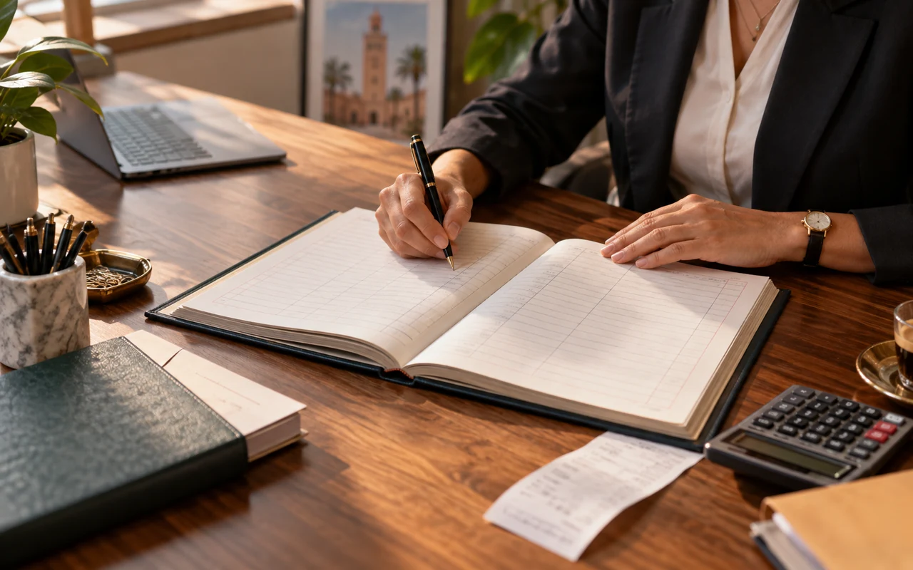 Comptable enregistrant une opération dans un livre-journal ouvert sur son bureau