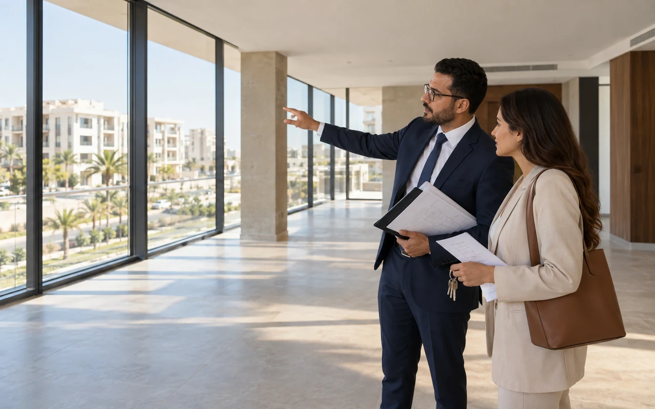 Conseiller et cliente visitant des bureaux disponibles à la location