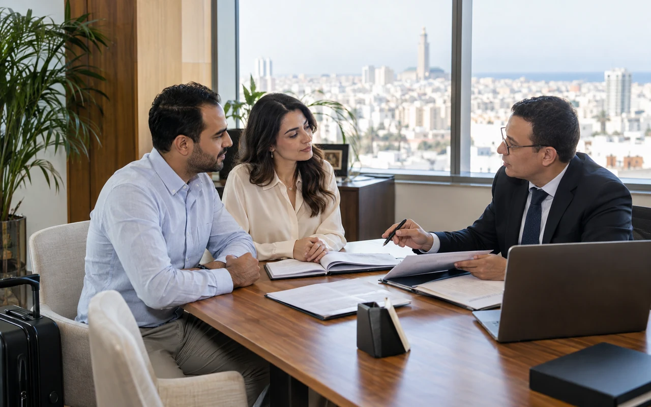 Couple de résidents à l’étranger consultant un conseiller fiscal au Maroc