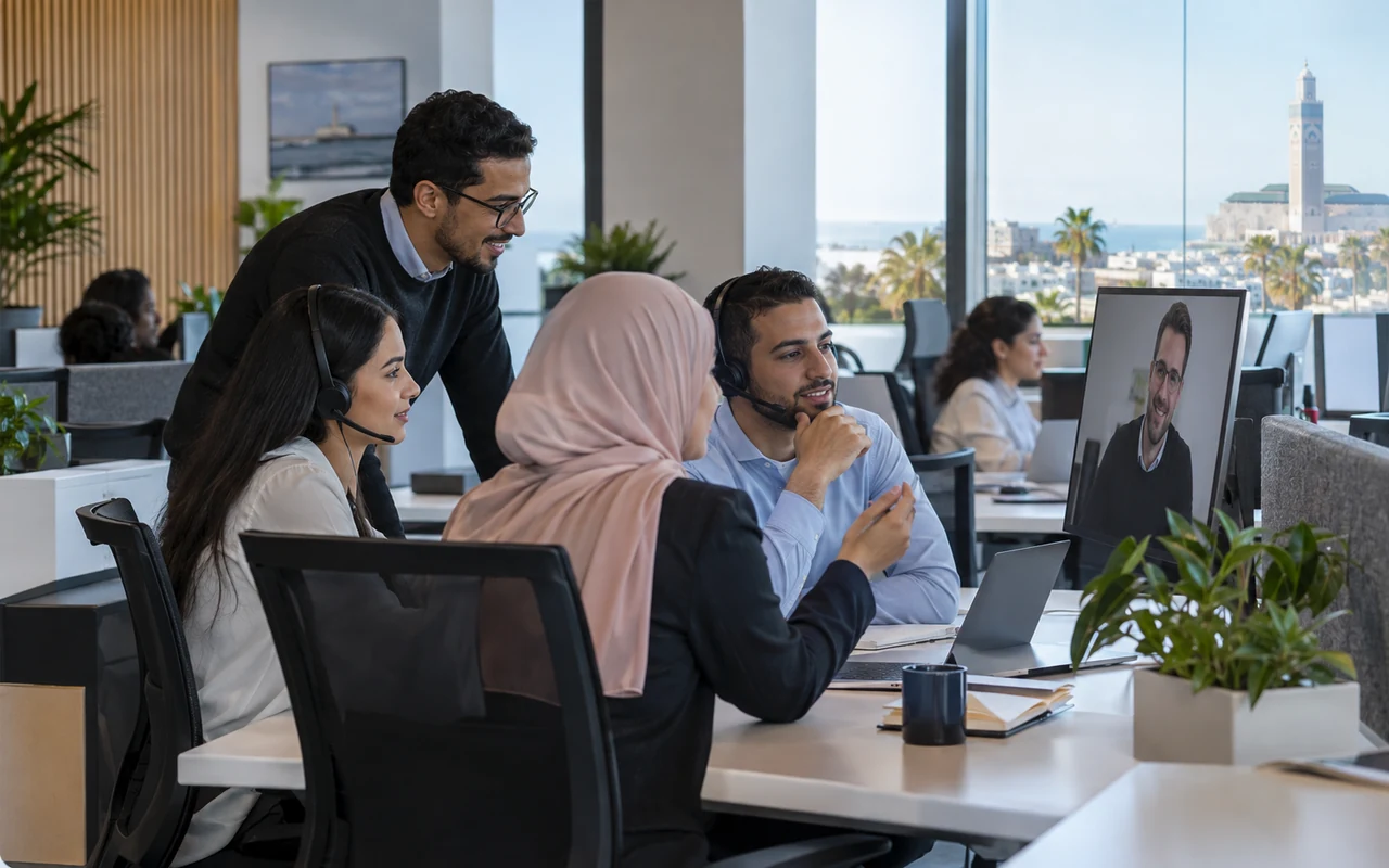 Équipe au Maroc collaborant en visioconférence avec un partenaire étranger