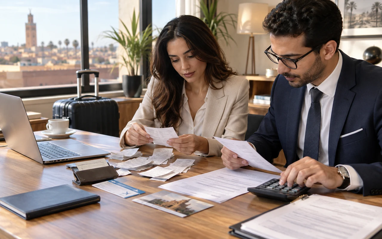 Salariée et comptable rapprochant les reçus d’un déplacement d’une note de frais
