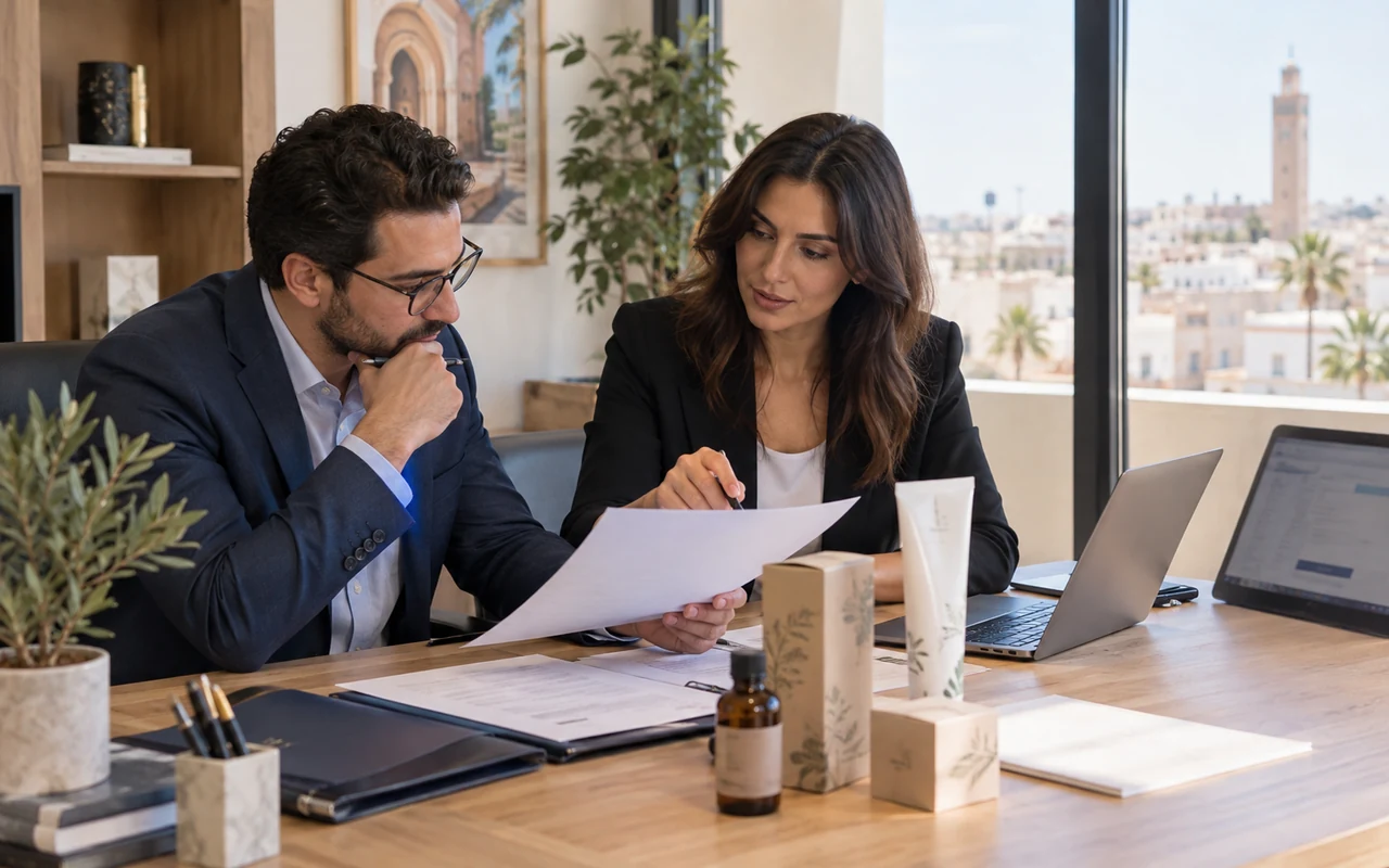 Entrepreneurs préparant un dossier de marque à côté de leurs emballages de produits