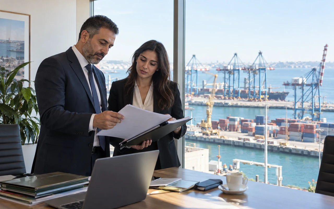 Responsable export et spécialiste conformité examinant un dossier devant un terminal portuaire