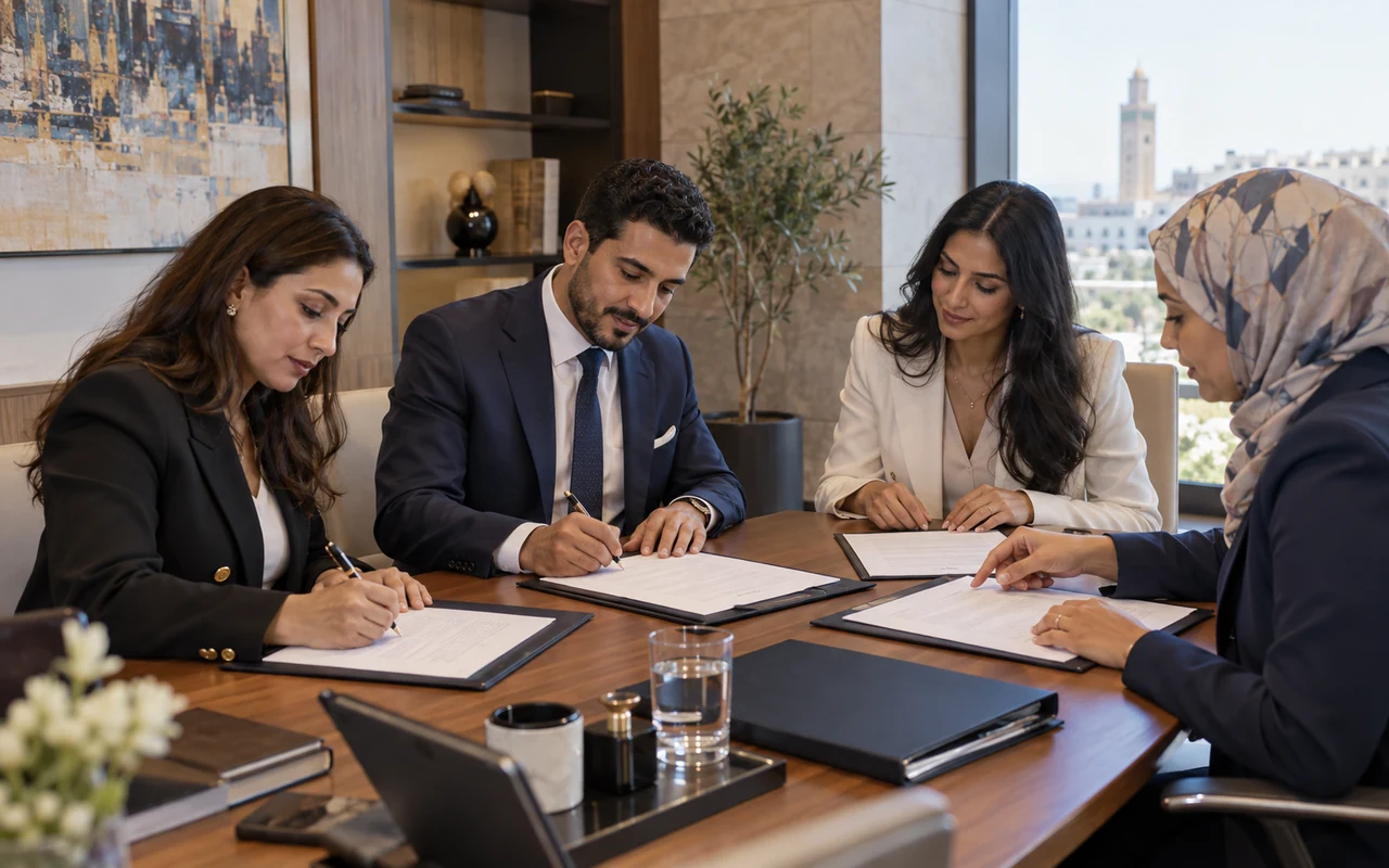Associés réunis avec leur conseillère pour signer un pacte