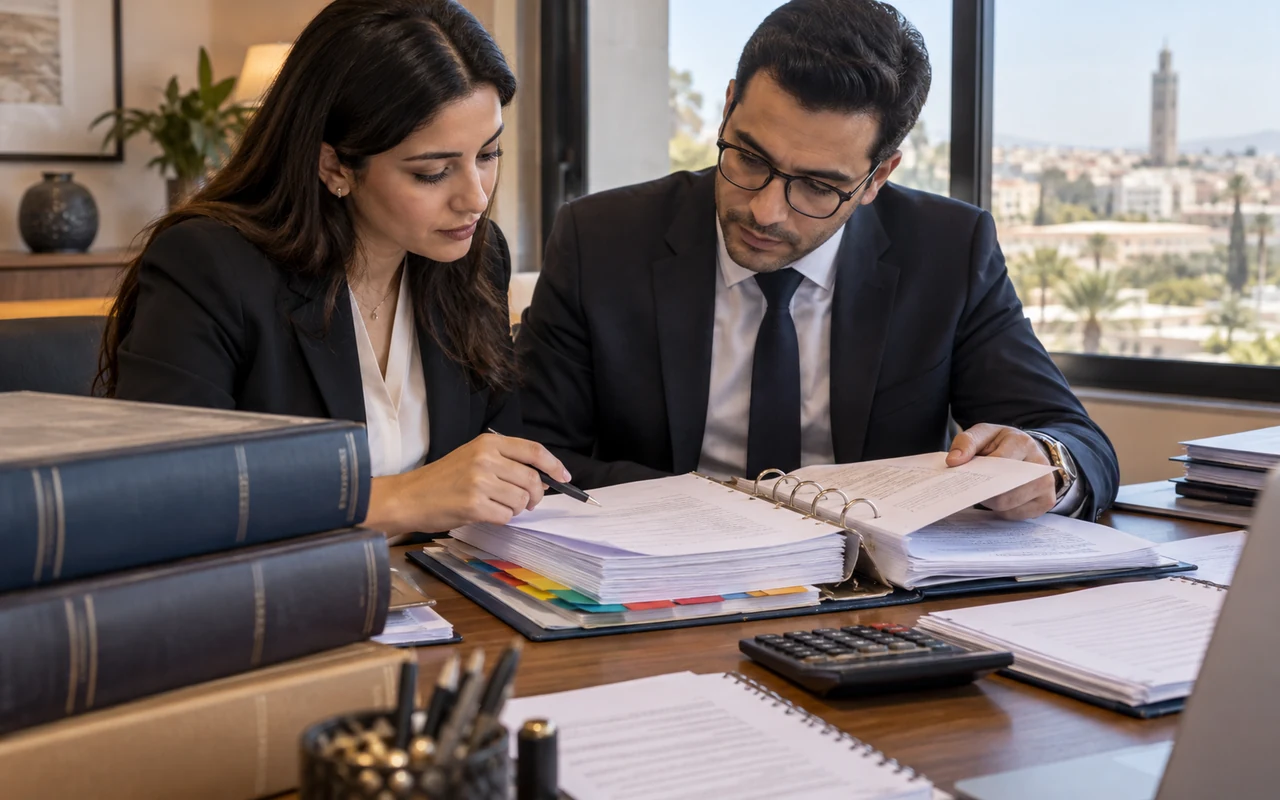 Deux comptables consultant un classeur organisé et des ouvrages de référence