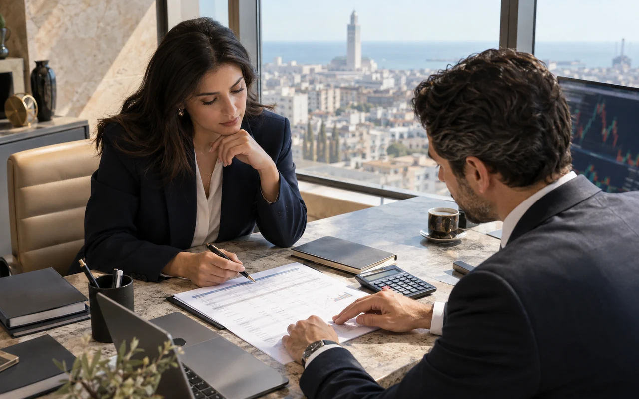 Professionnels de la finance vérifiant un dossier de cession de titres