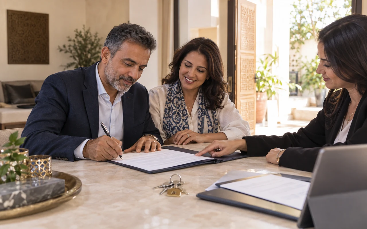 Couple signant un acte de vente immobilière avec une professionnelle du droit