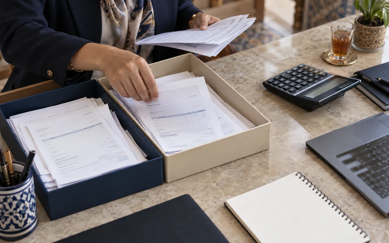 Comptable répartissant les factures entre deux dossiers pour analyser le droit à déduction
