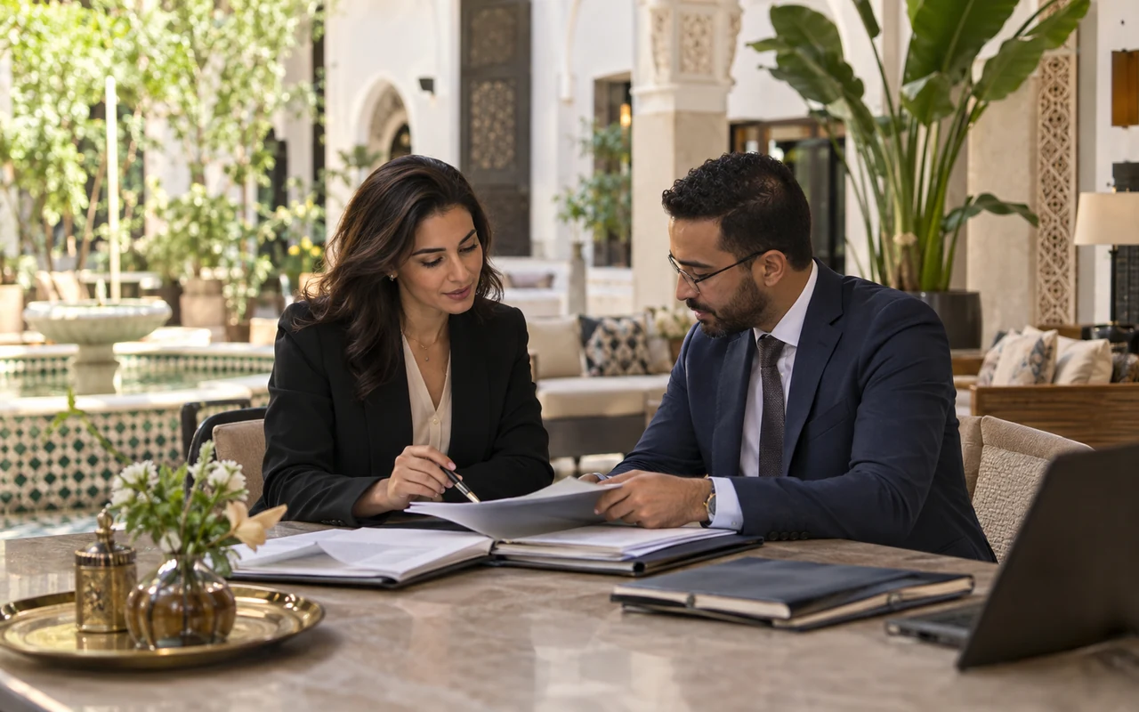 Gestionnaire d’hôtel et comptable étudiant des dossiers dans un patio marocain