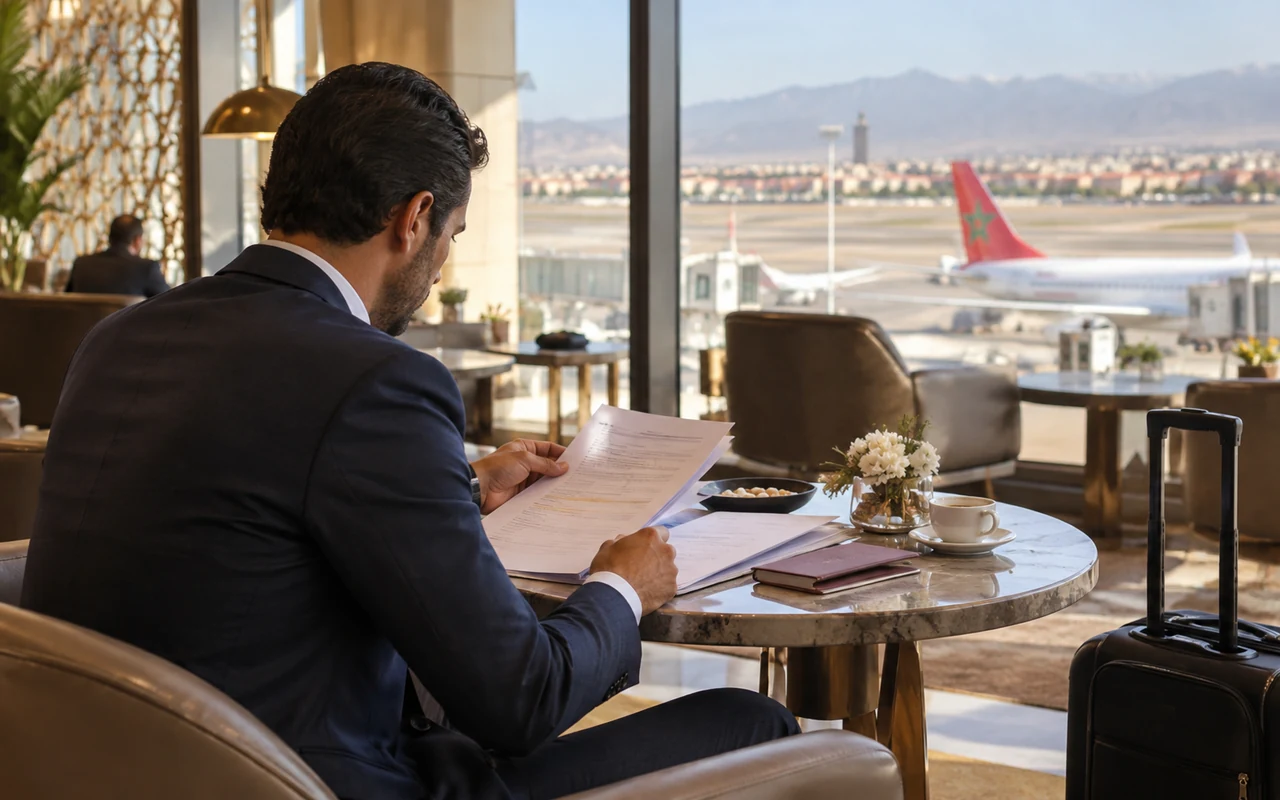 Voyageur préparant son dossier fiscal avant un départ à l’aéroport