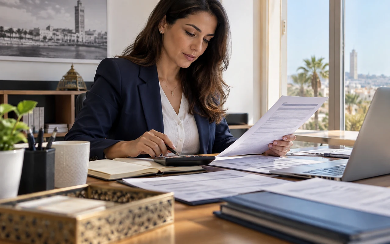 Comptable rapprochant les relevés bancaires et les écritures à l’aide d’une calculatrice