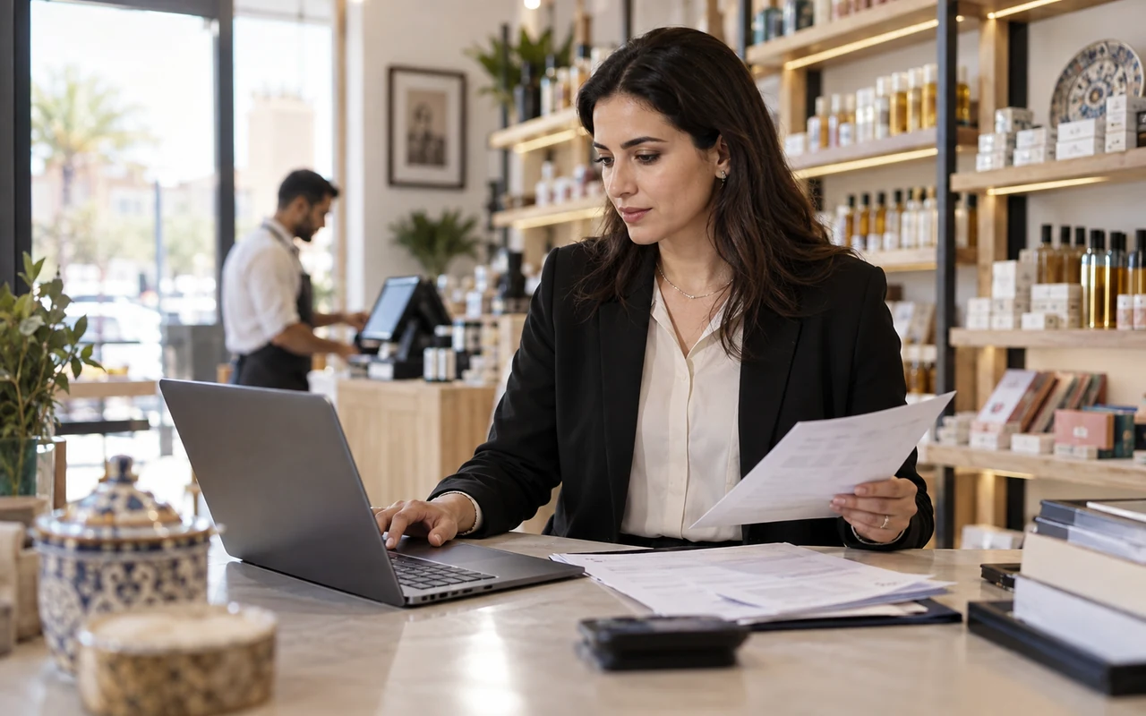 Comptable d’un commerce vérifiant la facturation à proximité de la caisse