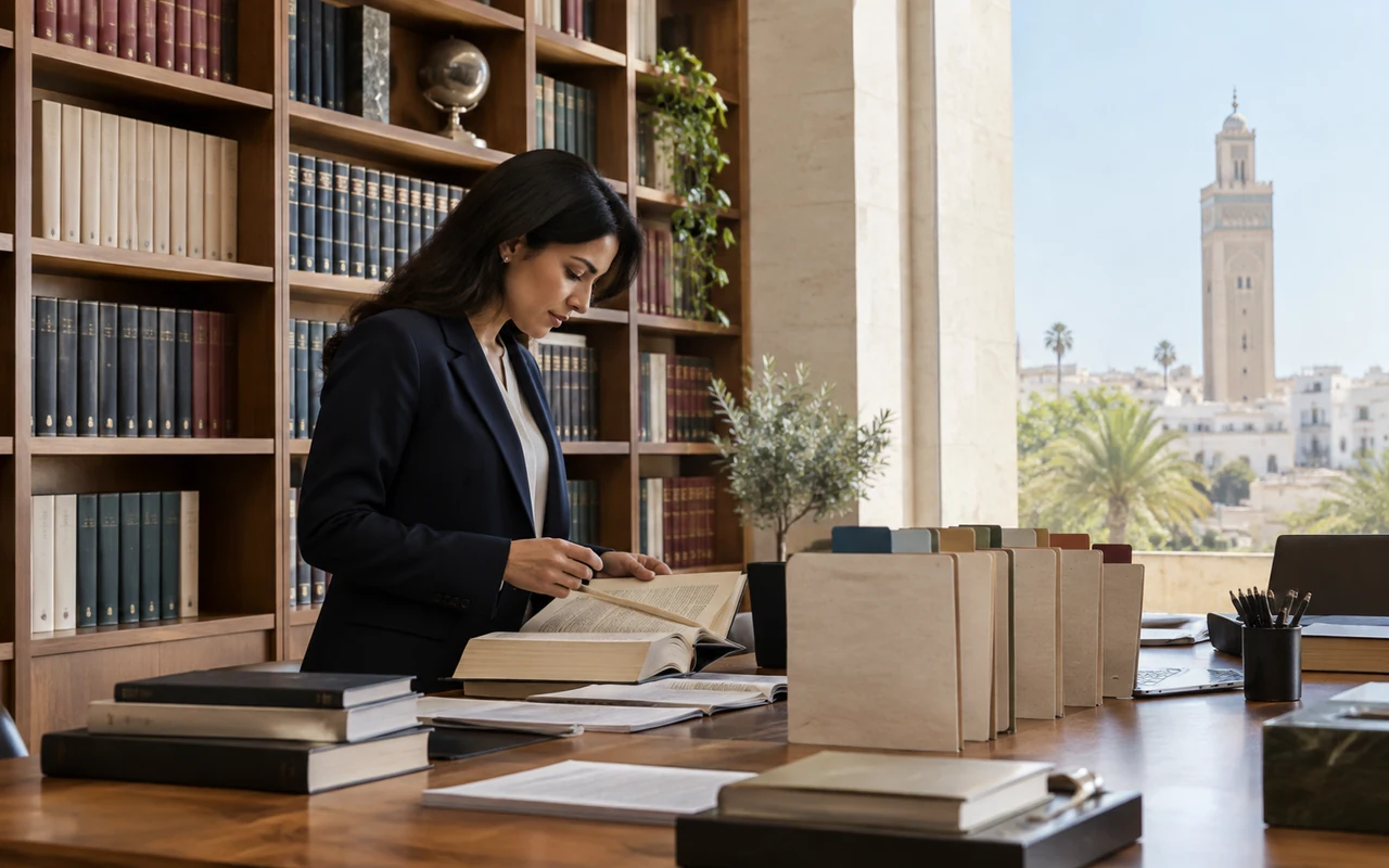 Professionnelle consultant des ouvrages fiscaux classés dans une bibliothèque
