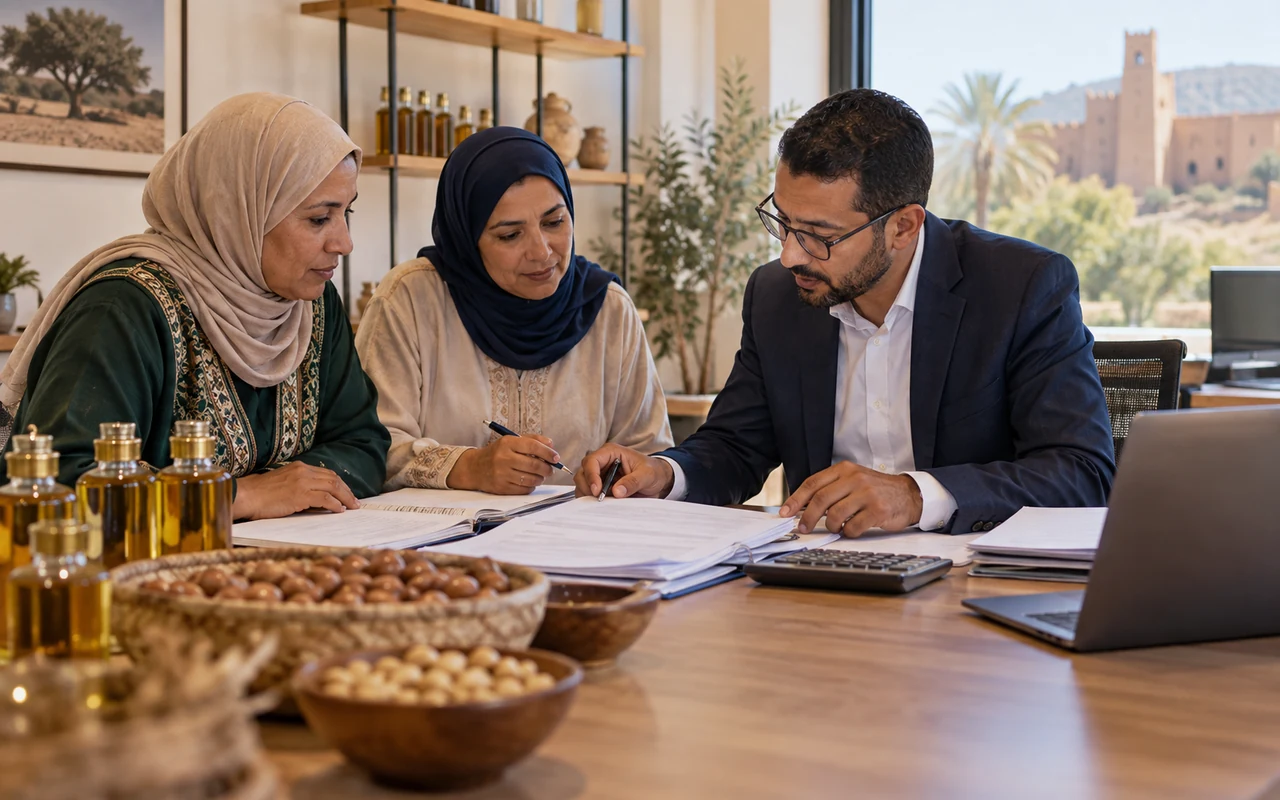 Responsables d’une coopérative d’argan examinant leurs comptes avec un conseiller