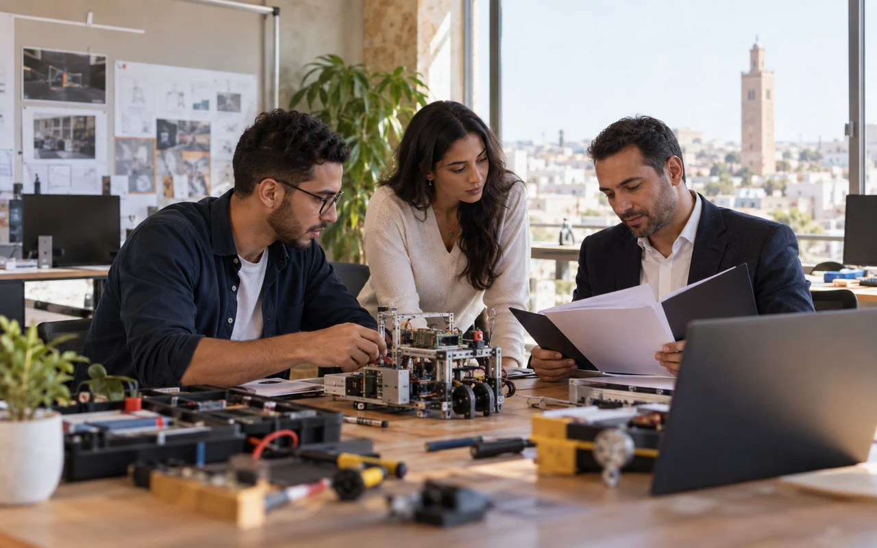 Créateurs de startup examinant un dossier fiscal près de leur prototype