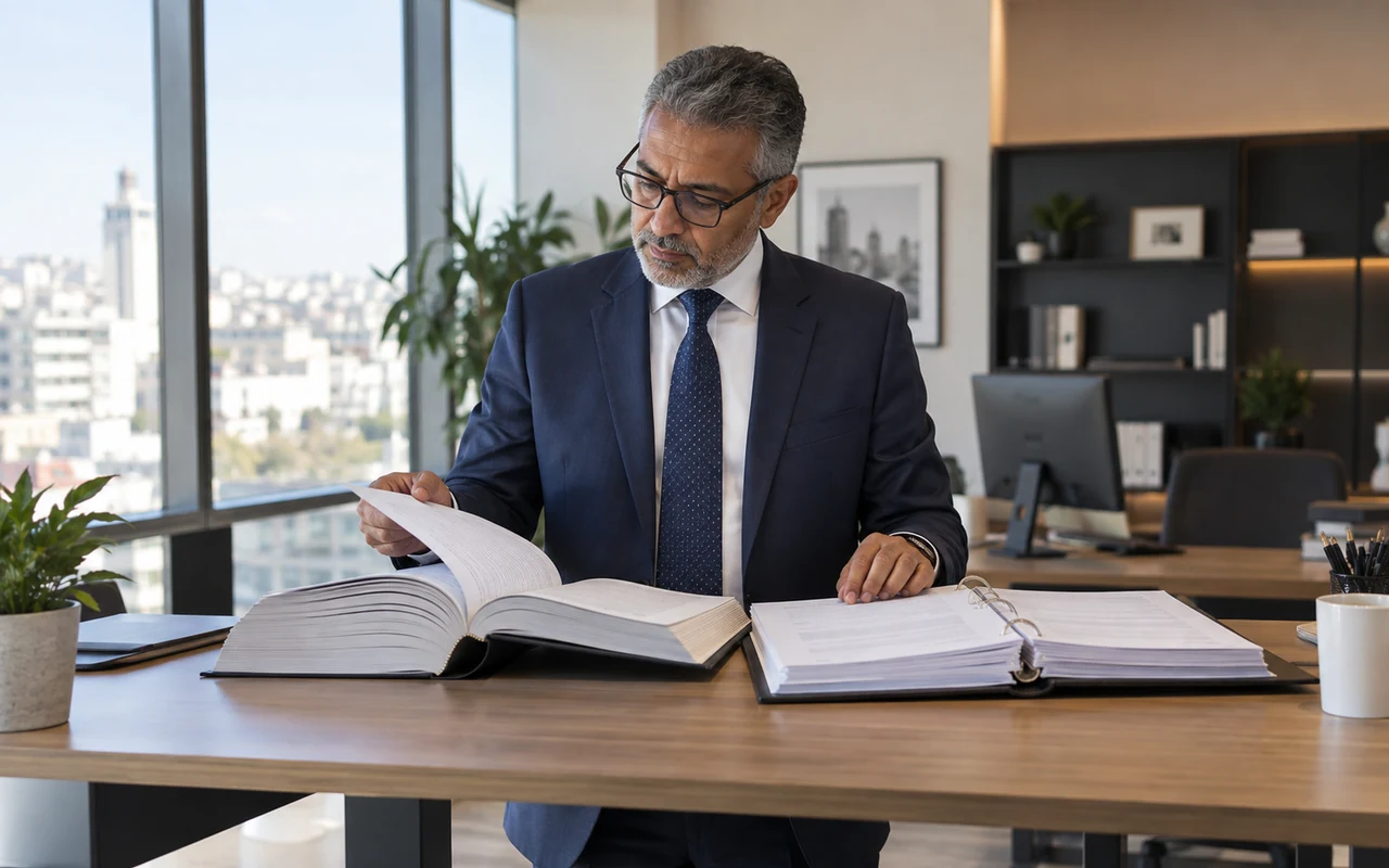 Professionnel comparant un manuel de normes comptables et les comptes d’une entreprise
