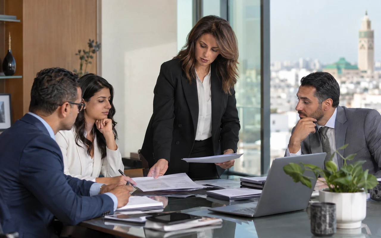 Directrice financière présentant des états comptables à une équipe de direction