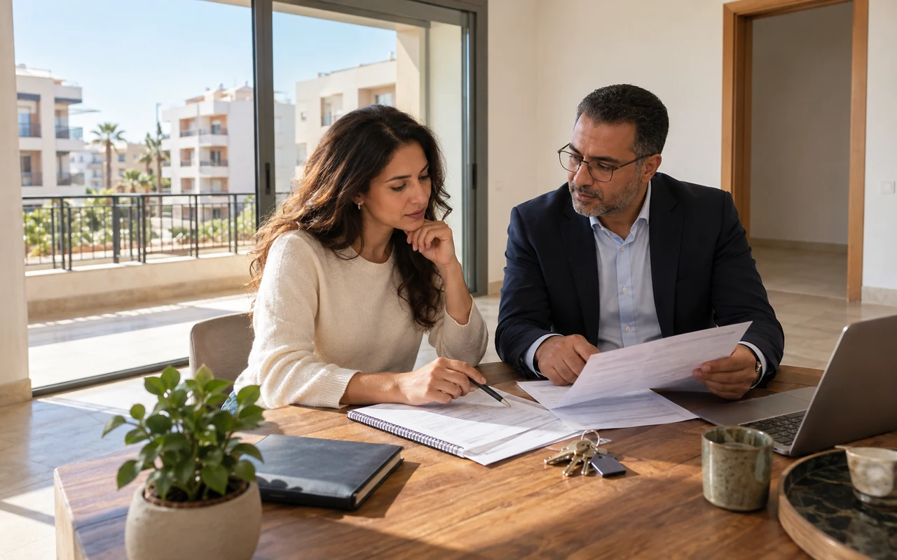 Propriétaire et comptable examinant les loyers dans un appartement