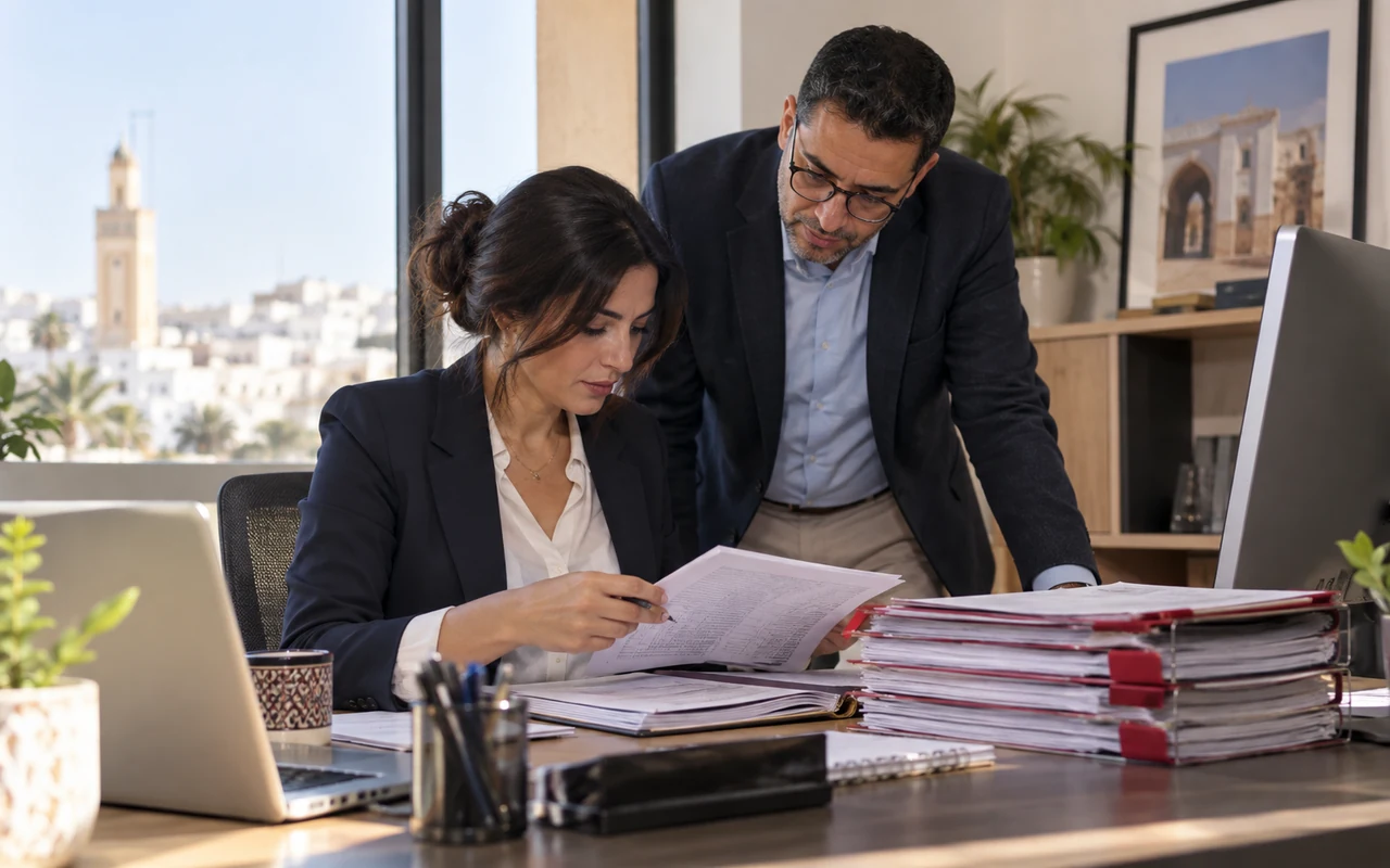 Deux professionnels vérifiant un dossier de régularisation des déclarations sociales