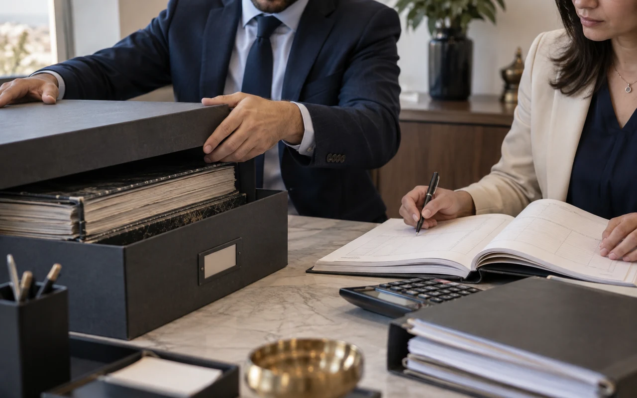 Comptables séparant les archives de l’exercice précédent du nouveau livre comptable