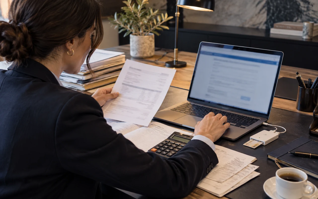 Comptable remplissant une déclaration fiscale en ligne avec ses justificatifs