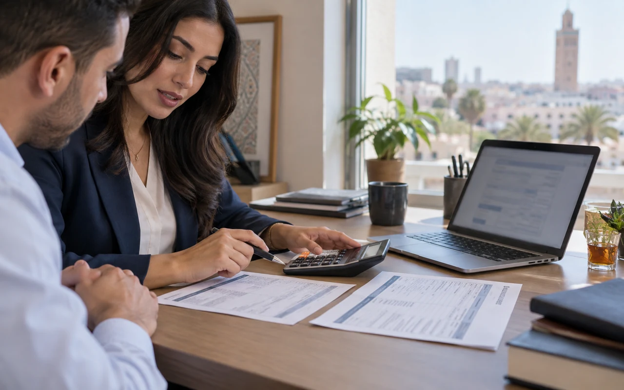Conseillère comparant deux bulletins de paie avec un salarié à l’aide d’une calculatrice