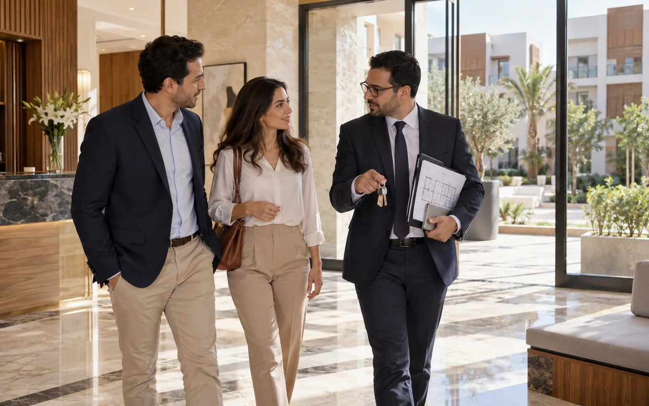 Conseiller présentant les plans et les clés d’un immeuble à ses copropriétaires