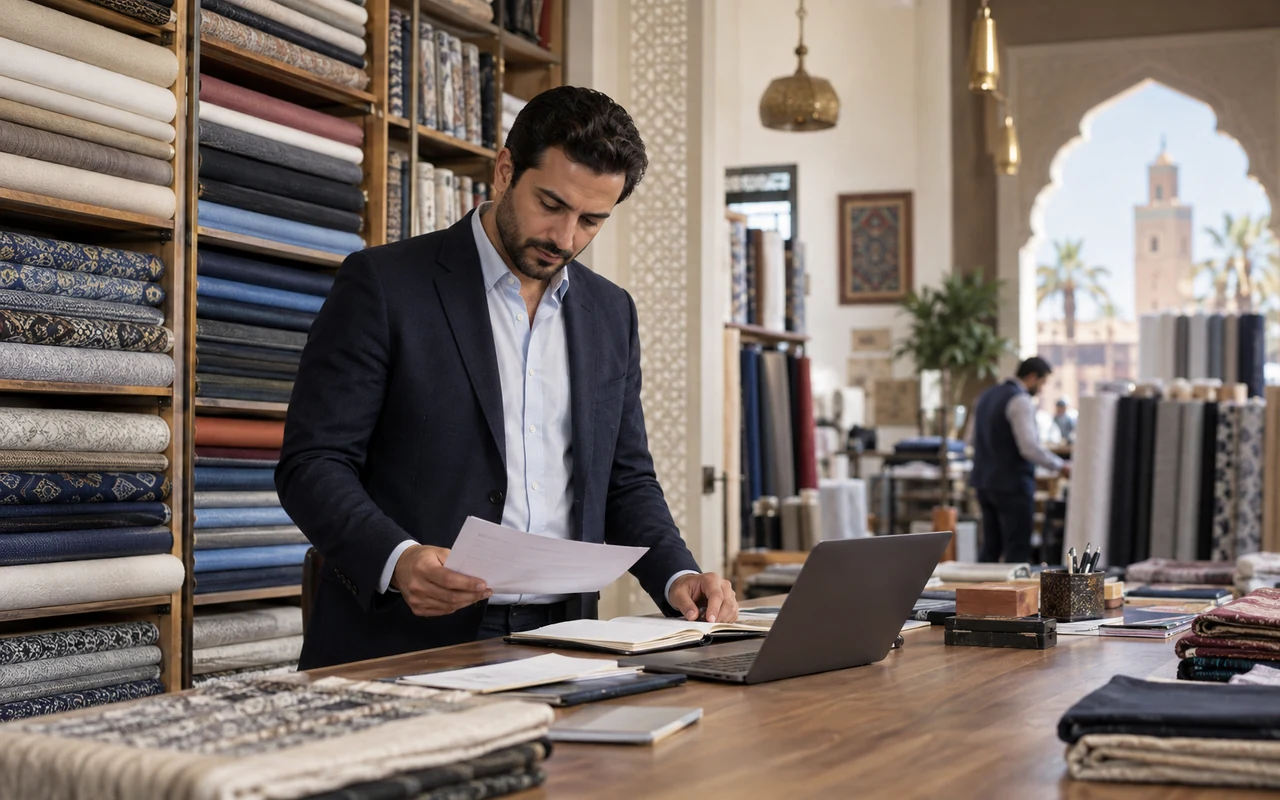 Commerçant vérifiant ses documents administratifs dans un magasin de tissus