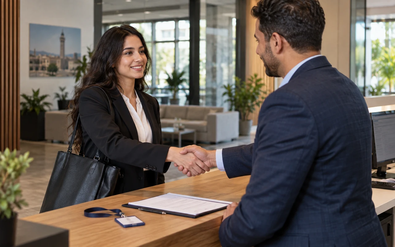 Responsable du recrutement accueillant une jeune diplômée dans une entreprise marocaine