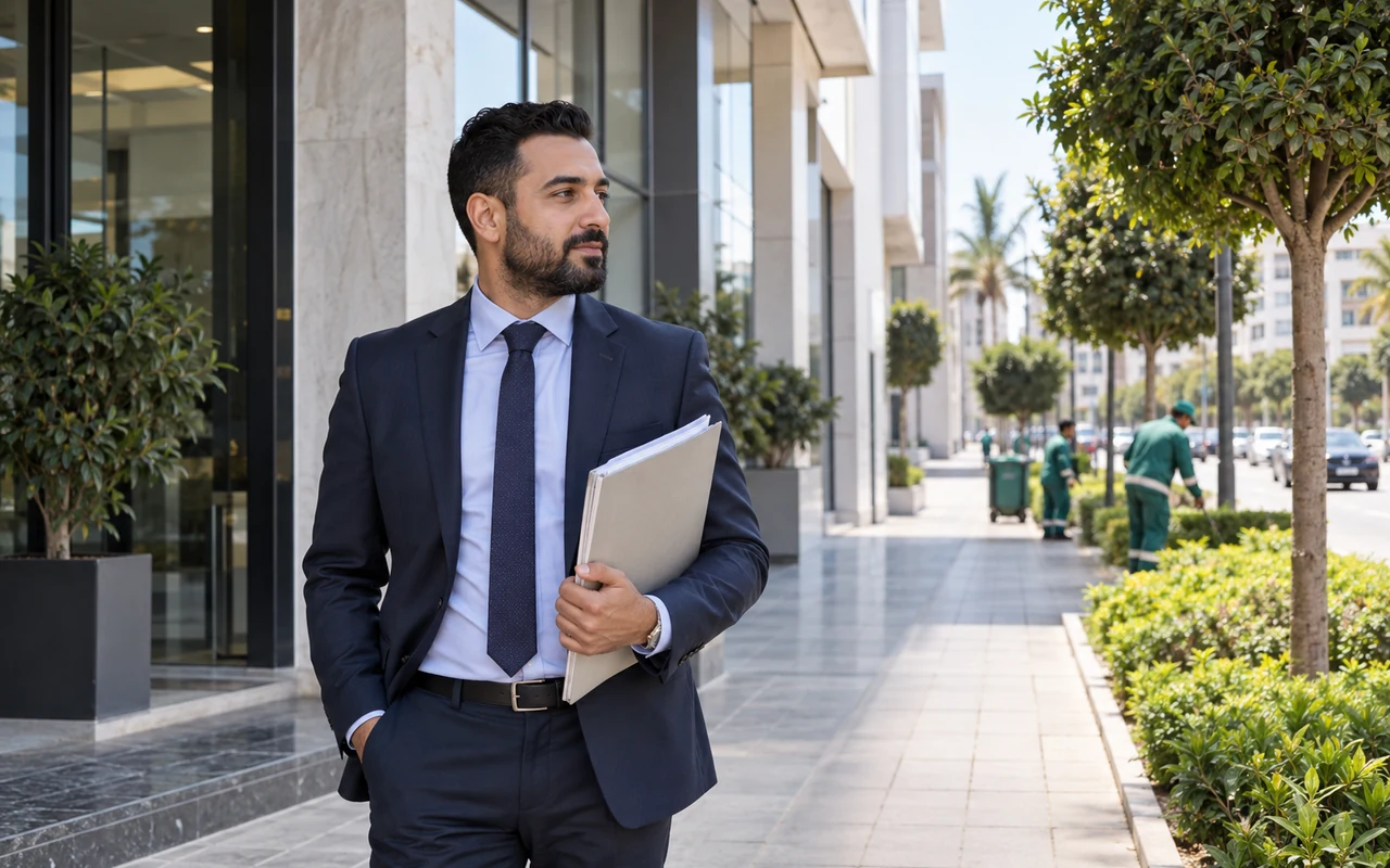 Professionnel devant un immeuble tandis qu’une équipe entretient les espaces communaux