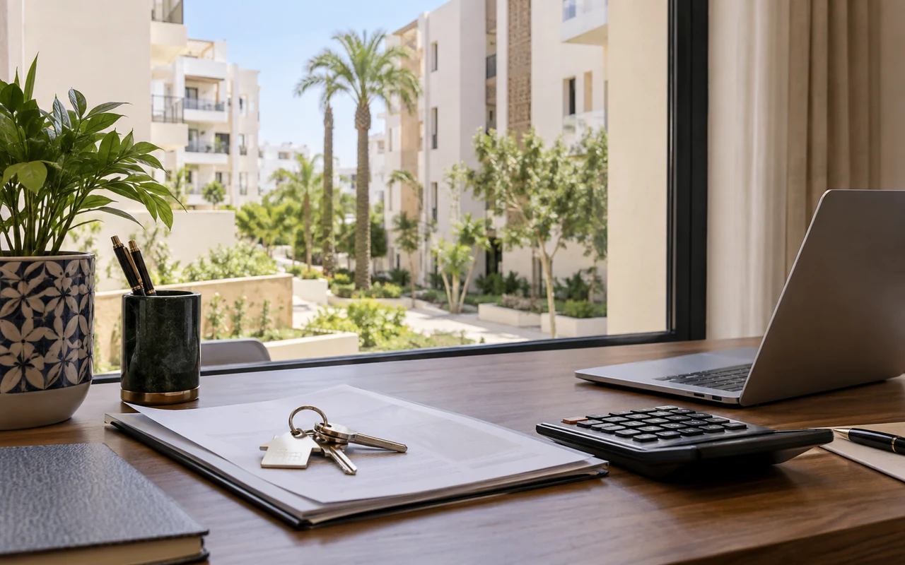 Dossier de résidence, clés et calculatrice devant une cour d’immeuble marocain