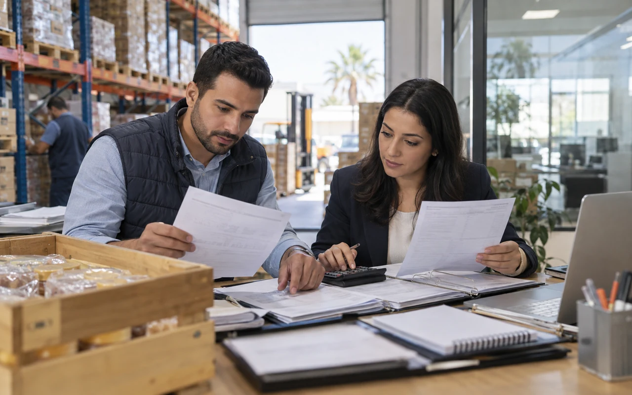 Professionnels comparant les factures d’achat et de vente dans un entrepôt