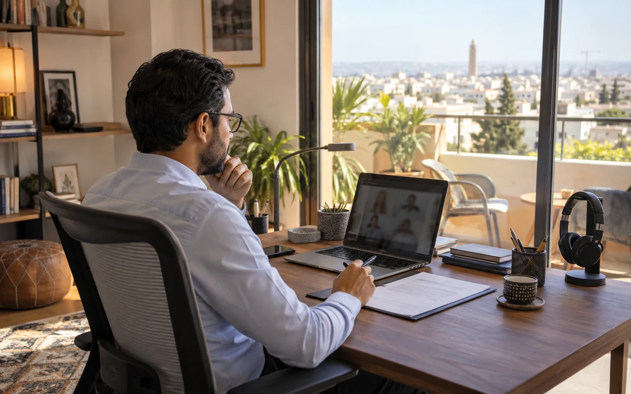 Professionnel en télétravail dans un bureau à domicile ouvert sur une terrasse