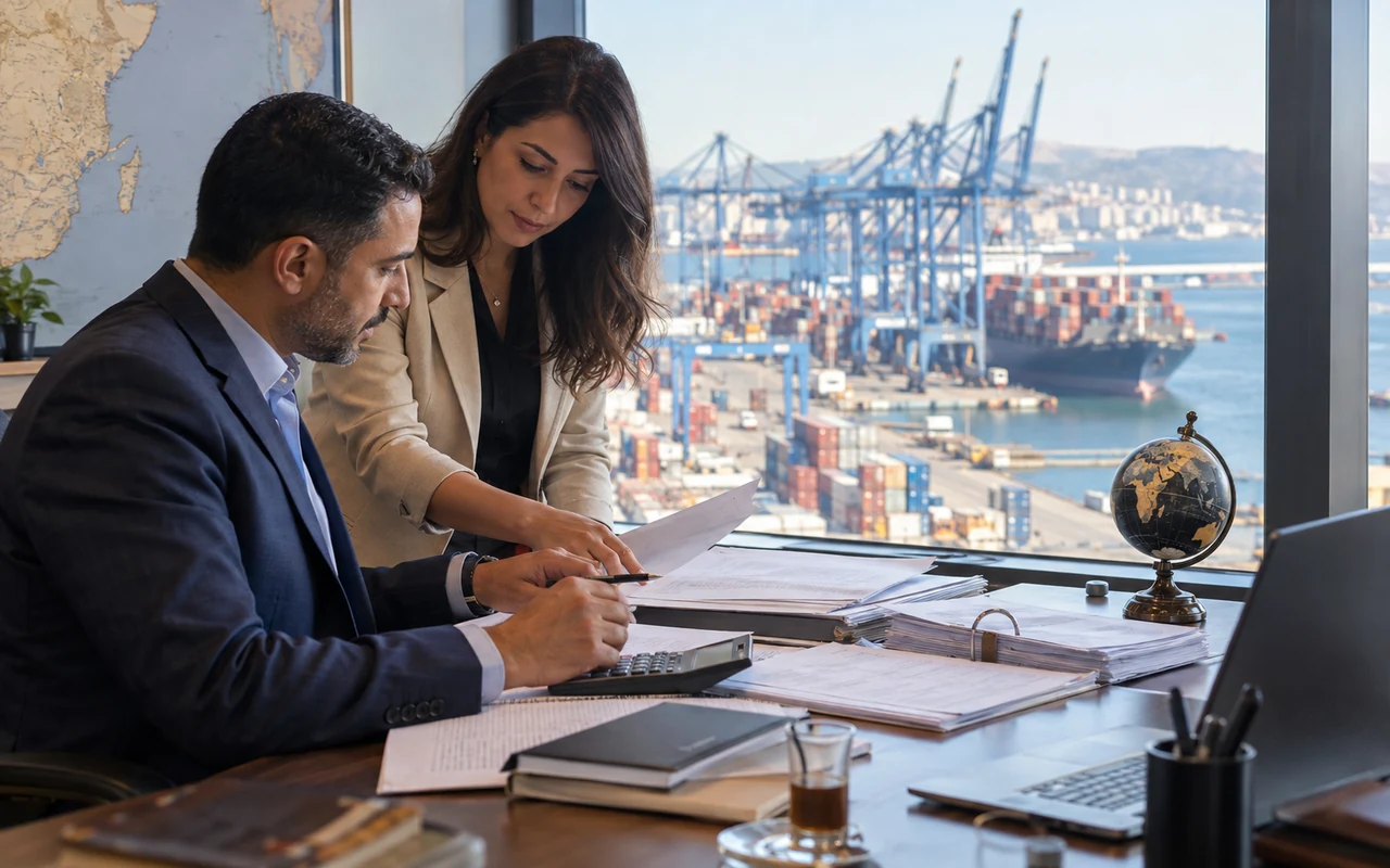 Conseillers examinant des documents commerciaux devant un port de marchandises