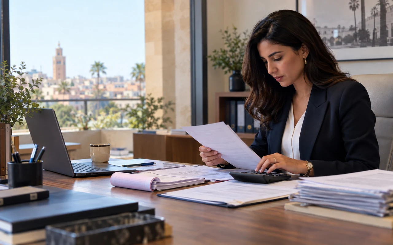 Comptable examinant des factures et calculant la TVA dans un bureau marocain
