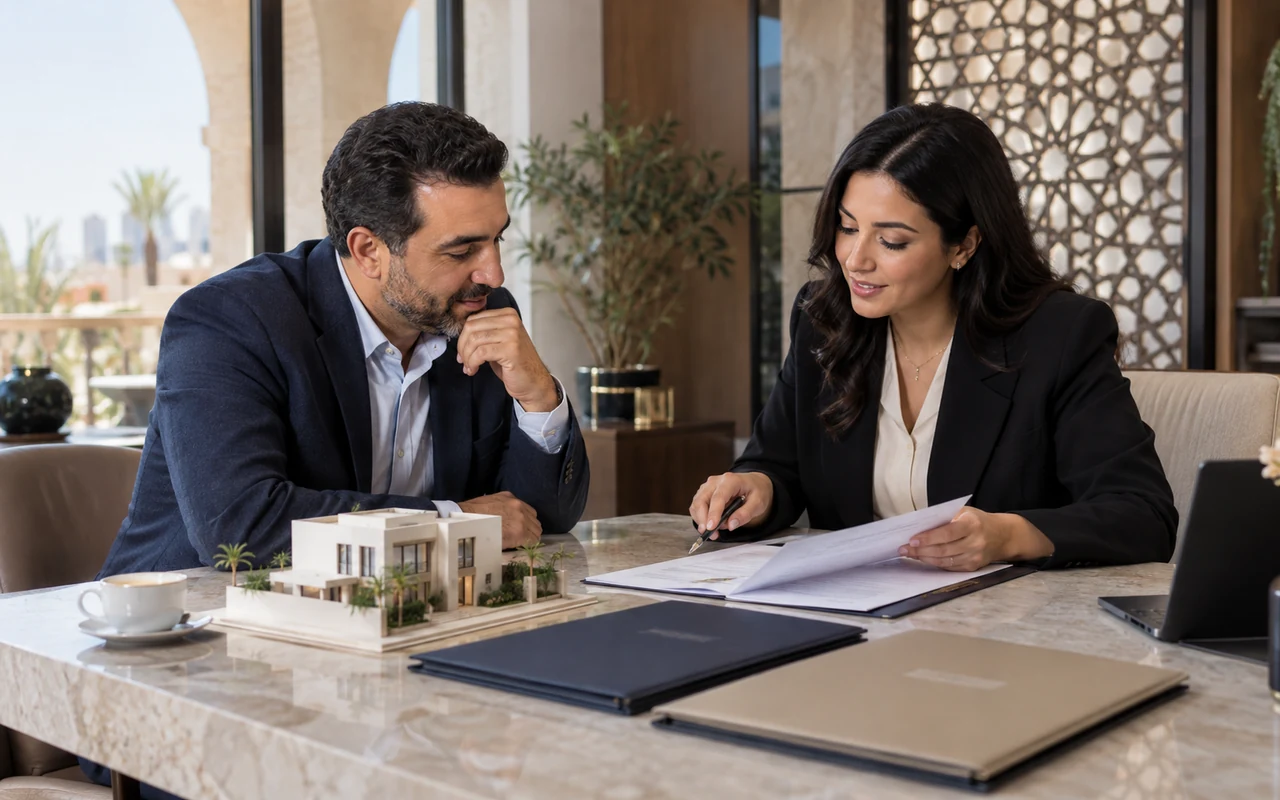 Client et conseillère étudiant un financement participatif près d’une maquette de maison