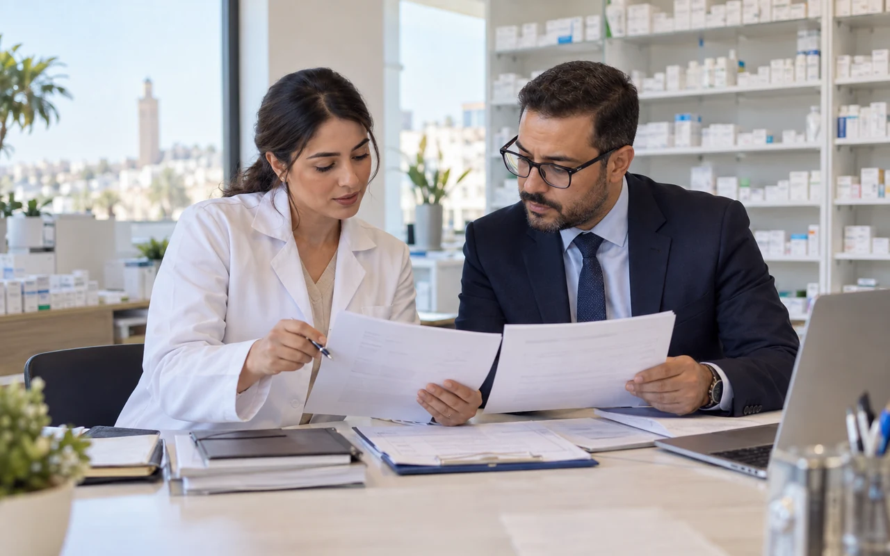 Pharmacien et conseiller examinant les factures d’achat de produits pharmaceutiques