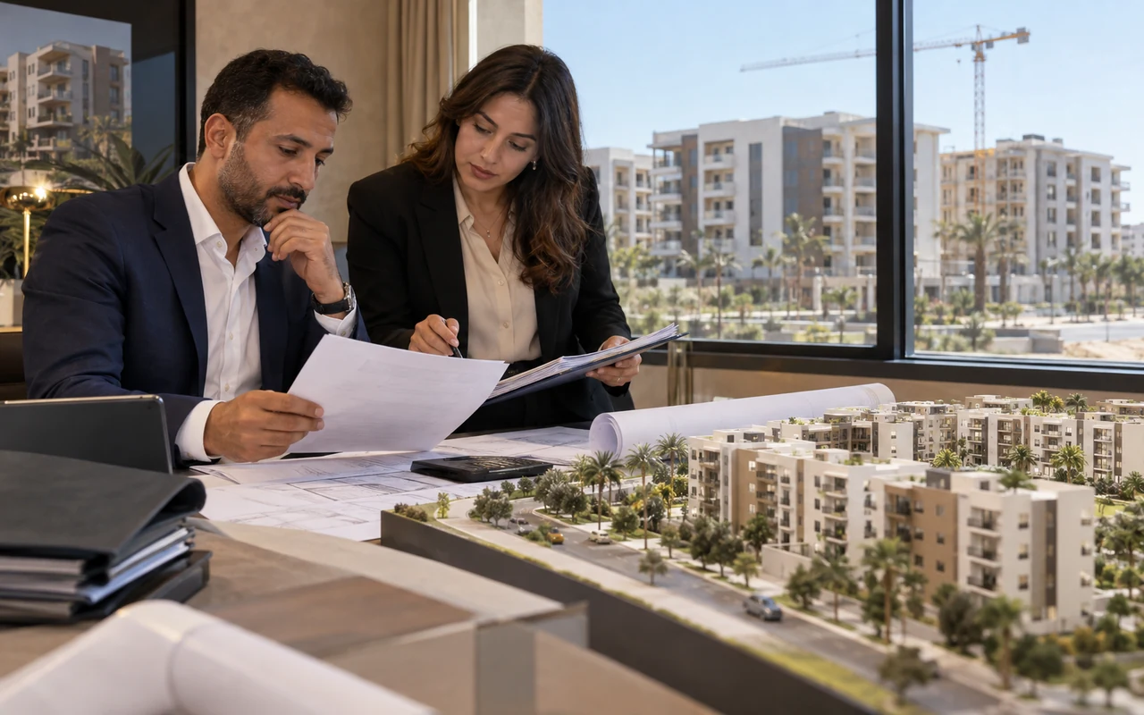 Promoteur et comptable examinant des factures près d’une maquette immobilière
