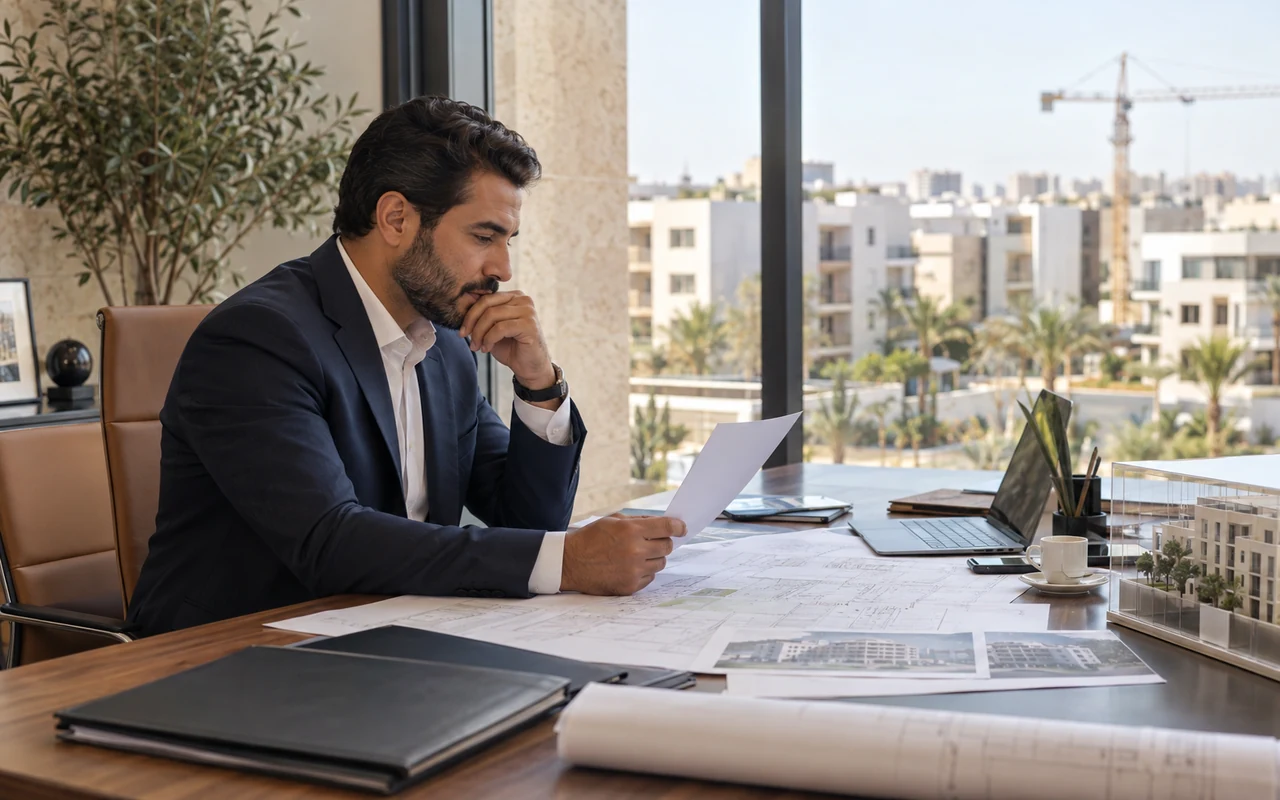 Conseiller étudiant les plans et le dossier fiscal d’une opération immobilière