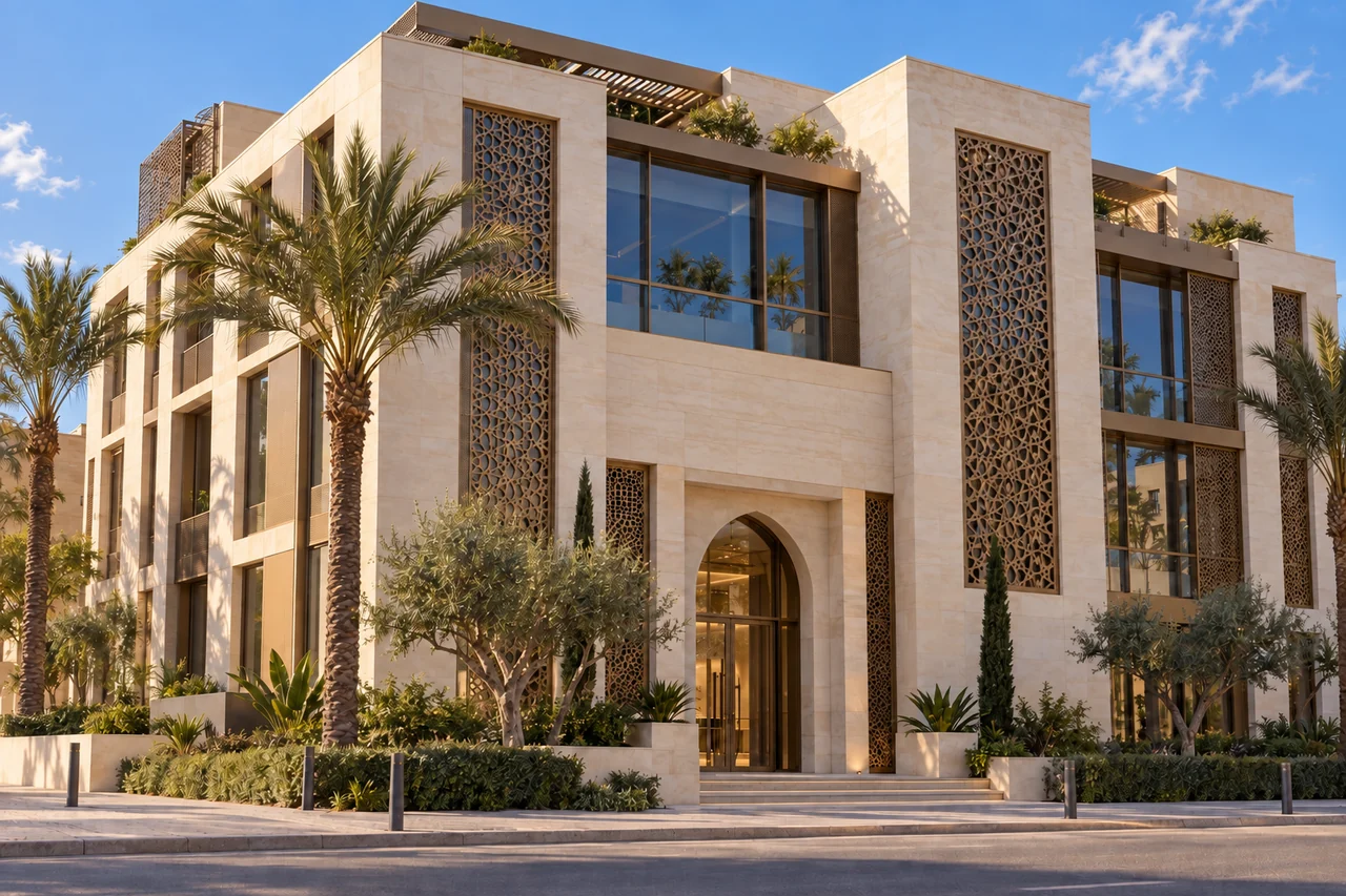 Bâtiment professionnel de style marocain sans enseigne — visuel d’illustration
